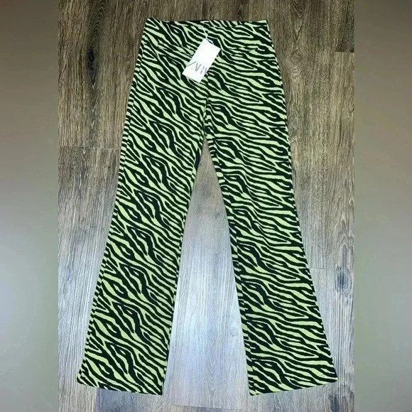 ZARA Zebra Print Jacquard Pants Green/Black Knit Sz S - Picture 4 of 14